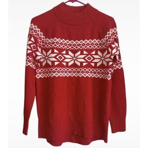 Talbots Small Women’s Red Mock Neck Sweater White Snowflakes Viscose Blend Soft